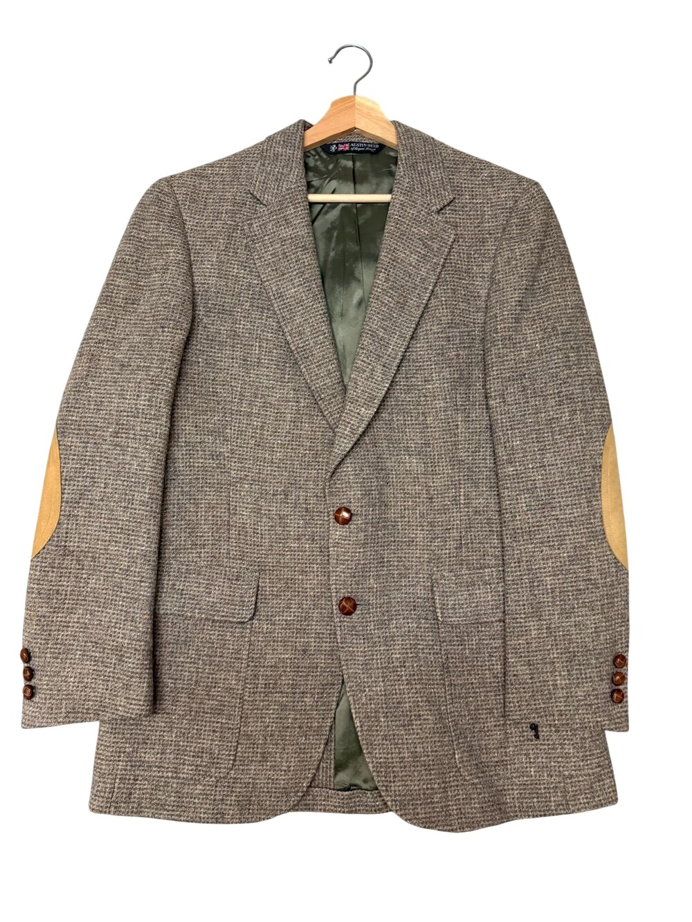 Austin Reed Sport Coat Blazer Mens 40 Brown Wool Tweed Check Elbow Patches vtg